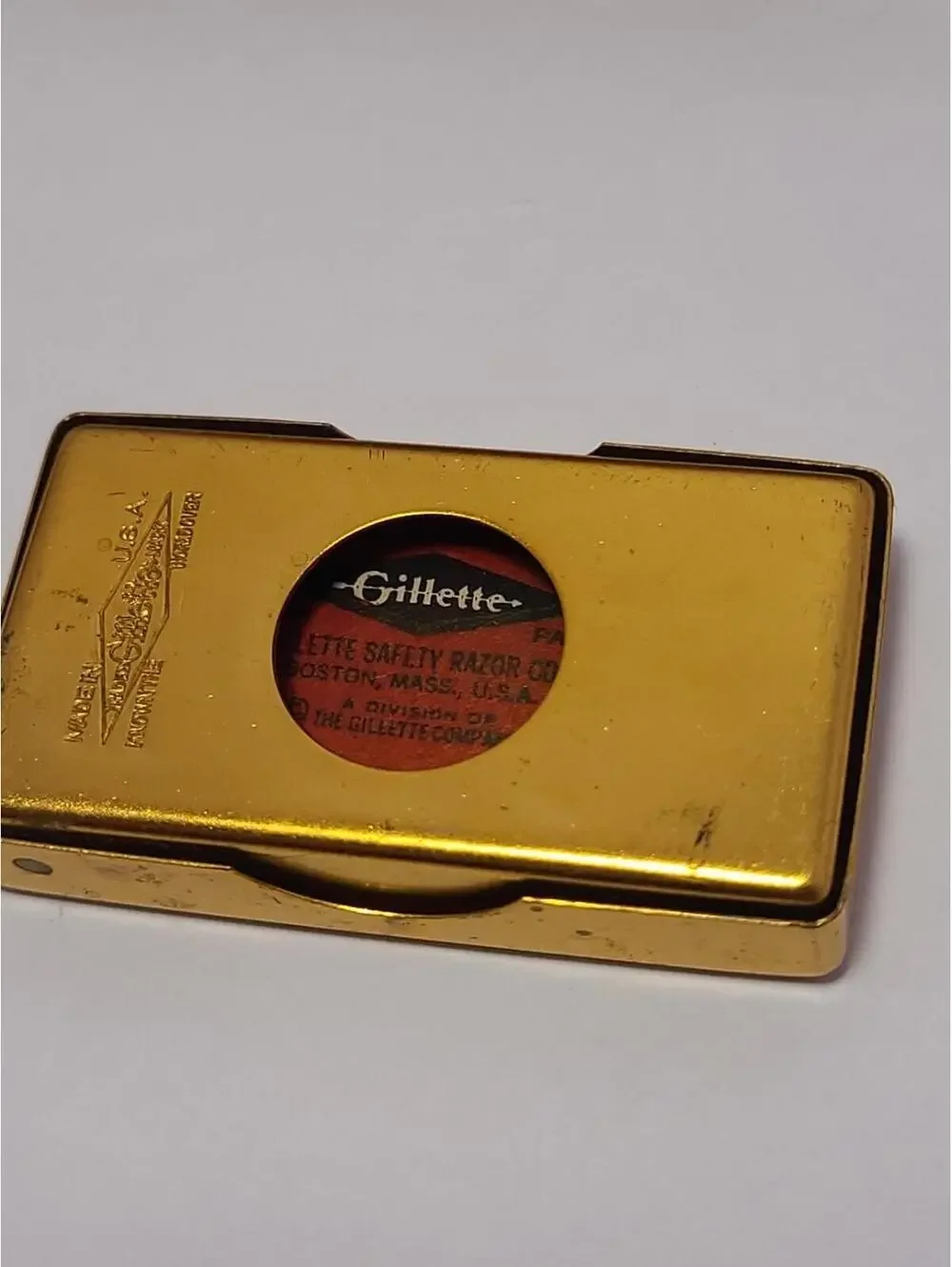 Vintage Gillette Gold Tone Safety Razor Pat 1858316 Repat 17567 + Case & Blade